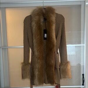 Brown Knit Cardigan with Faux Fur Trim